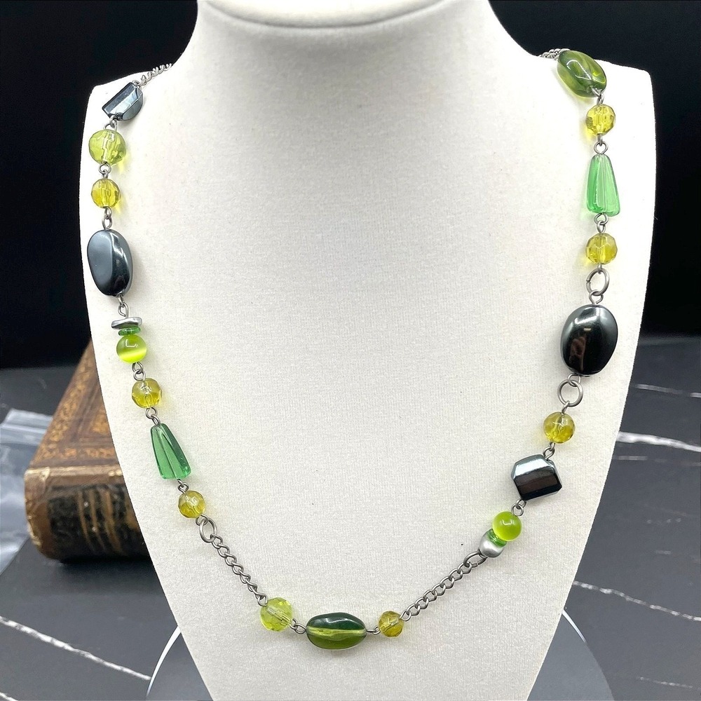 Silver-Tone Green Peridot Tourmaline Station Statement Beaded Lobster Necklace